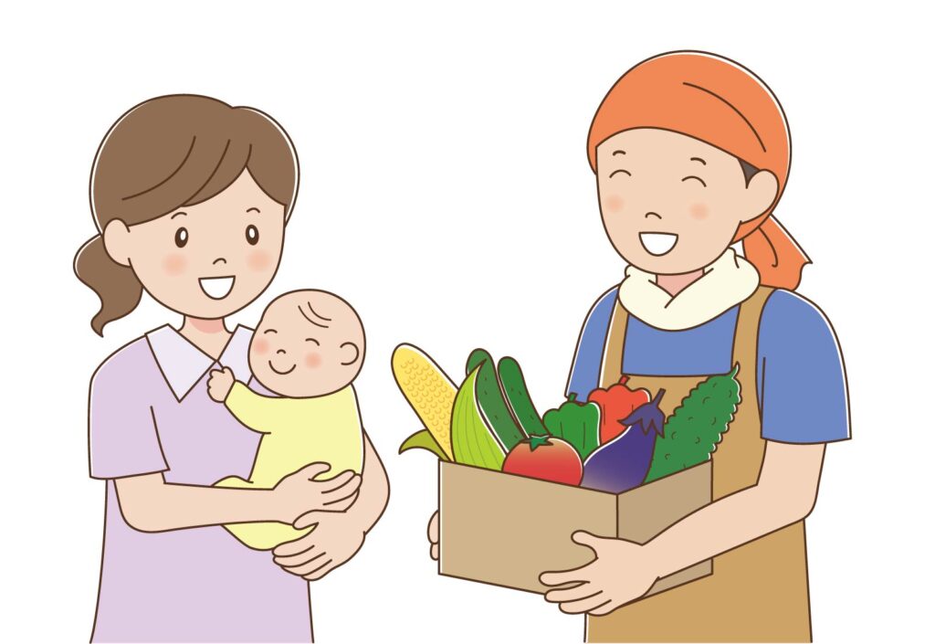 生産者から野菜の箱を受け取る親子