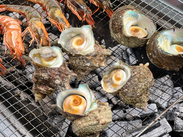 炭火で焼くサザエとエビ