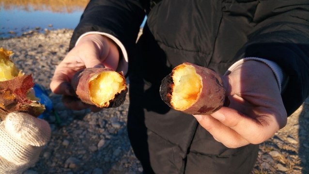 焚き火で作った焼き芋を割って手に持っている様子